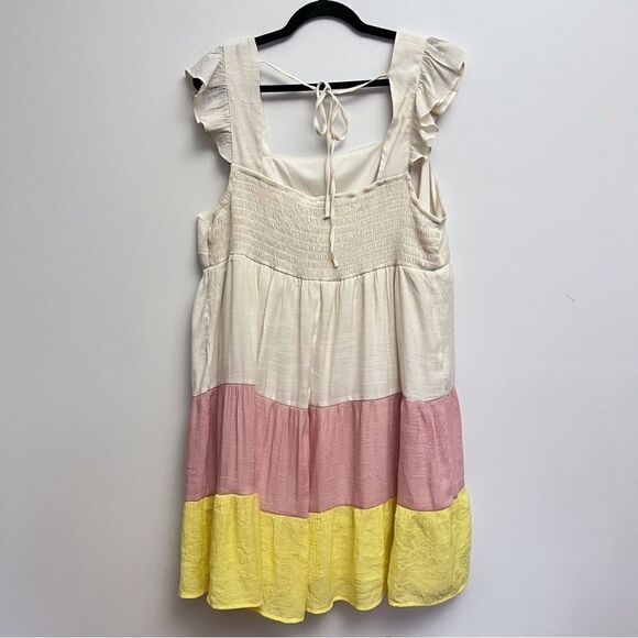 As U Wish Flutter Sleeve Pastel Colorblock Smocked Full Skirted Mini Dress 2X - Picture 2 of 8